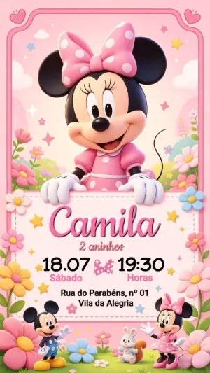 Convite de Aniversário Minnie Rosa 3D para Editar Online