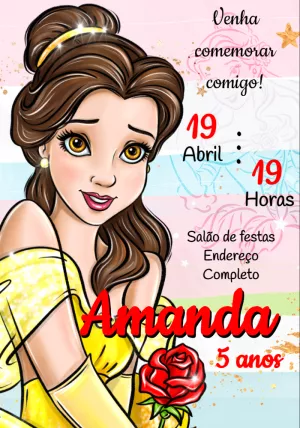 Convite Aniversário A Bela e a Fera para Editar Online