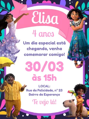 Convite de Aniversário Encanto com Personagens para Editar