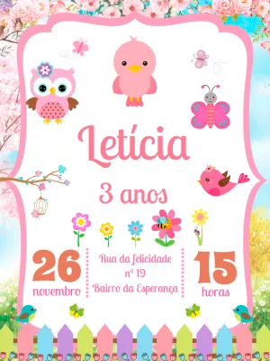 Convite Aniversário Jardim Encantado com Passarinhos para Editar