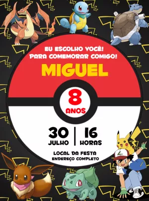 Convite de Aniversário Pokémon com Personagens para Editar Online