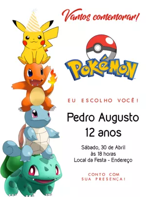 Convite de Aniversário Pokémon com Personagens para Editar Online