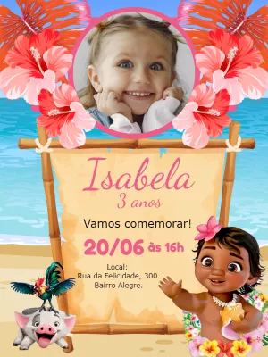 Convite Aniversário Moana Baby com Foto para Editar Online