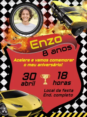 Convite Aniversário Carros de Corrida com Foto para Editar