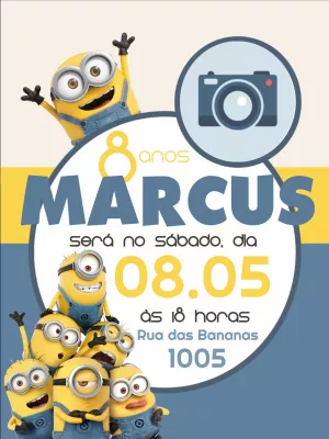 Convite Aniversário Minions com Foto para Editar Online