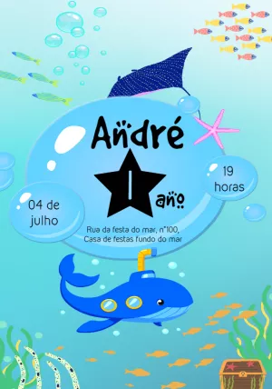 Convite de Aniversário Fundo do Mar com Submarino para Editar