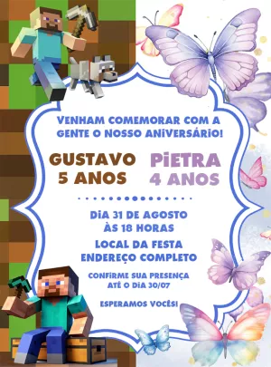 Convite Aniversário Duplo Minecraft e Borboletas para Editar