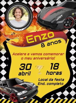 Convite de Aniversário Carros de Corrida com Foto para Editar