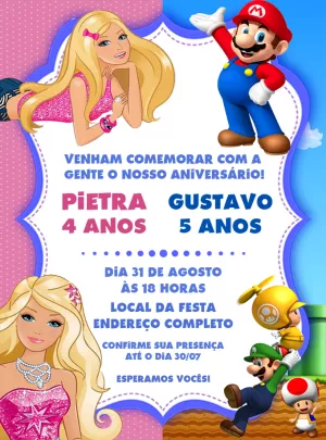 Convite Aniversário Duplo Barbie e Super Mario para Editar