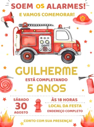Convite Aniversário Bombeiros com Caminhão para Editar Online