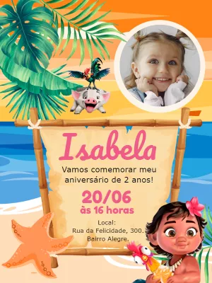 Convite de Aniversário Moana Baby com Foto para Editar Online