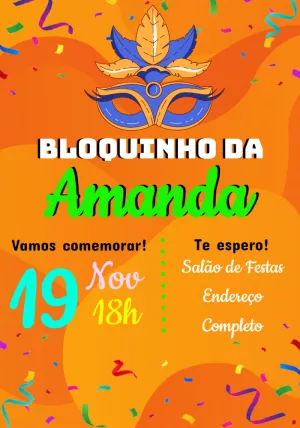 Convite Aniversário Carnaval com Máscara para Editar Online