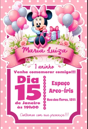 Convite de Aniversário Minnie Rosa Editável para Festa Infantil