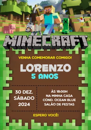Convite de Aniversário Minecraft com Personagens para Editar Online