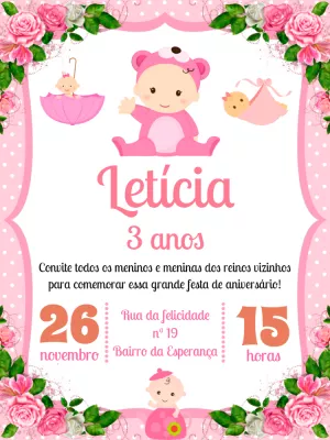 Convite Aniversário Bebê Ursinha para Editar Online