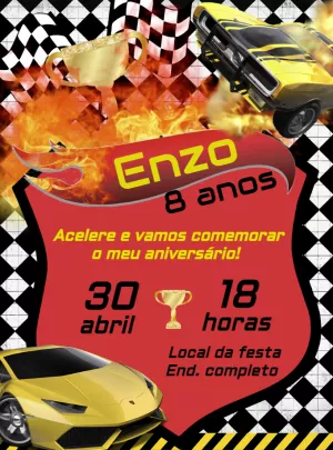 Convite de Aniversário Carros de Corrida para Editar Online