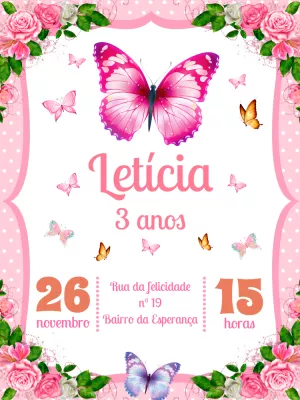 Convite de Aniversário Borboletas Rosa para Editar Online