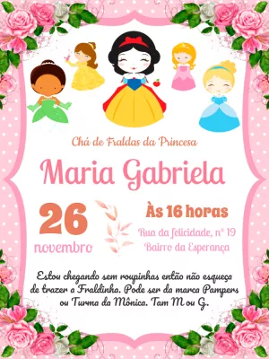 Convite Chá de Fraldas Princesas para Editar Online