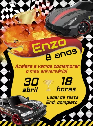 Convite Aniversário Carros de Corrida para Editar Online