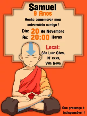 Convite Aniversário Avatar A Lenda de Aang para Editar