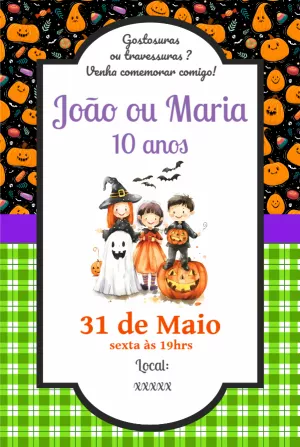 Convite Aniversário Halloween com Crianças para Editar Online