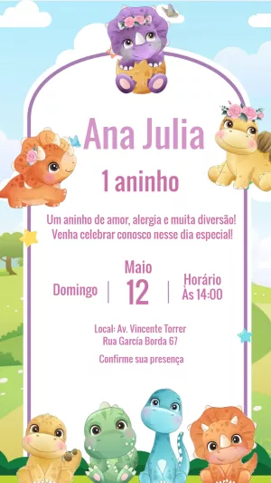 Convite Aniversário Dino Baby Menina para Editar Online