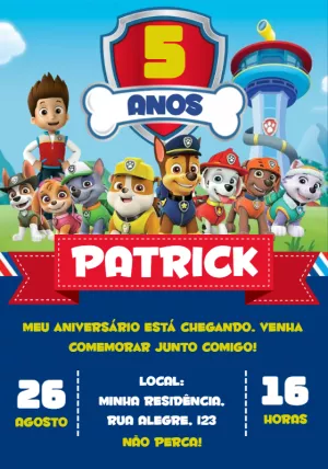 Convite de Aniversário Patrulha Canina para Editar Online