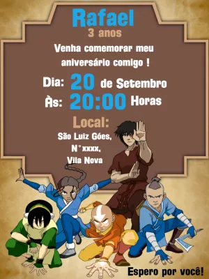 Convite de Aniversário Avatar: A Lenda de Aang para Editar