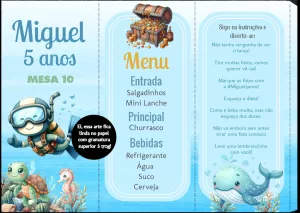 Menu de Mesa Fundo do Mar para Aniversário Editável Online
