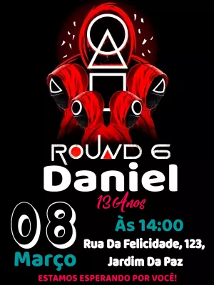 Convite Aniversário Round 6 com Personagens para Editar Online