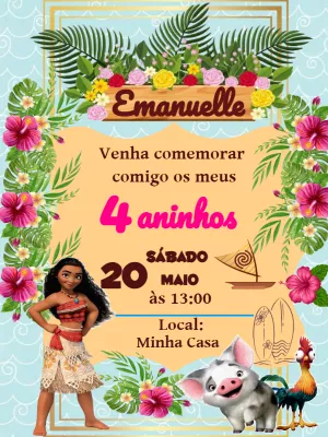 Convite de Aniversário Moana com Personagens para Editar Online