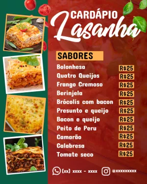 Cardápio de Lasanha com Sabores e Preços para Editar Online