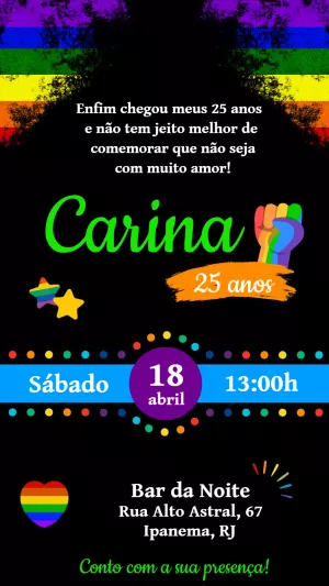Convite de Aniversário LGBT com Arco-Íris para Editar Online