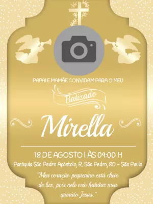 Convite de Batizado Dourado com Foto para Editar Online