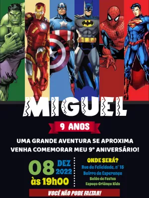 Convite de Aniversário Super-Heróis para Editar Online