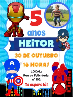 Convite Aniversário Vingadores com Foto para Editar Online
