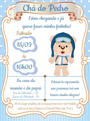 Convite Chá de Fraldas Urso Aviador para Editar Online