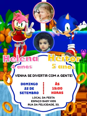 Convite Aniversário Duplo Sonic e Amy Rose com Foto para Editar