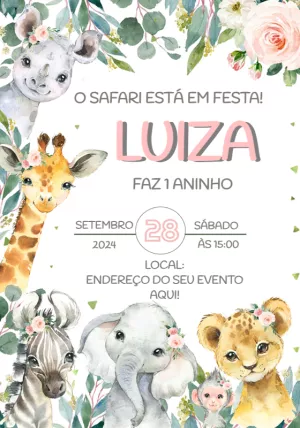 Convite Aniversário Safari Rosa com Animais para Editar Online