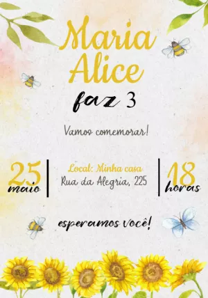 Convite Aniversário Abelhinha e Girassol para Editar Online
