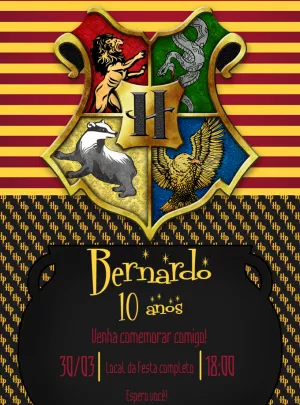 Convite Aniversário Harry Potter com Brasão de Hogwarts para Editar