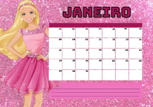 Planner Mensal Tema Boneca com Glitter para Editar Online