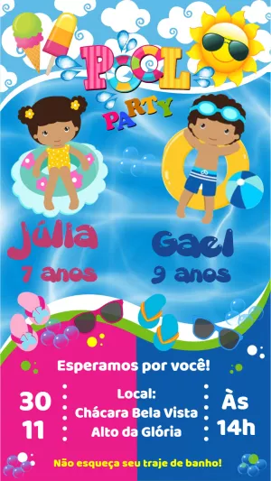 Convite Aniversário Pool Party Crianças para Editar Online