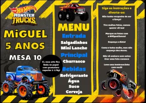 Menu de Mesa Aniversário Monster Trucks Editável Online