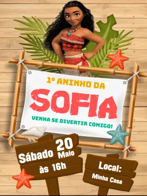 Convite Moana de Aniversário para Editar Online e Imprimir