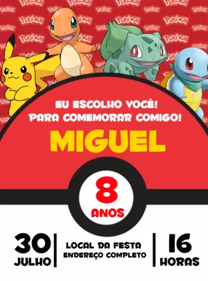 Convite Aniversário Pokémon com Personagens para Editar Online