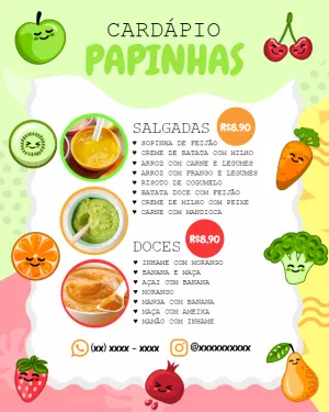 Cardápio de Papinhas Infantil com Frutinhas para Editar Online