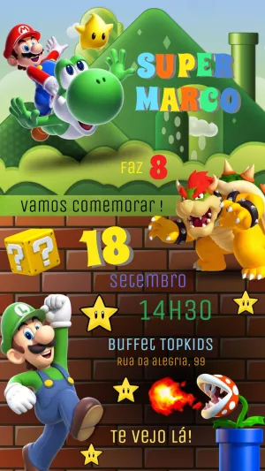 Convite de Aniversário Super Mario Bros com Personagens para Editar
