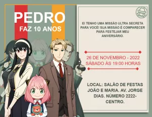 Convite Aniversário Spy x Family com Personagens para Editar