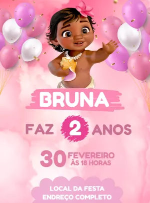 Convite Aniversário Moana Baby Rosa para Editar Online